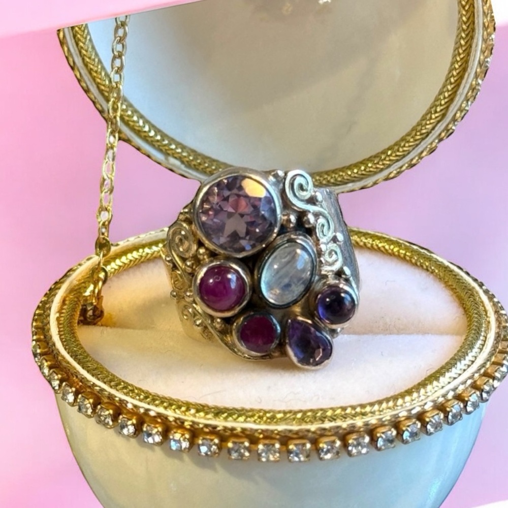 Sajen Stunning Moonstone amethyst ruby rhodonite fancy 925 sterling silver ring